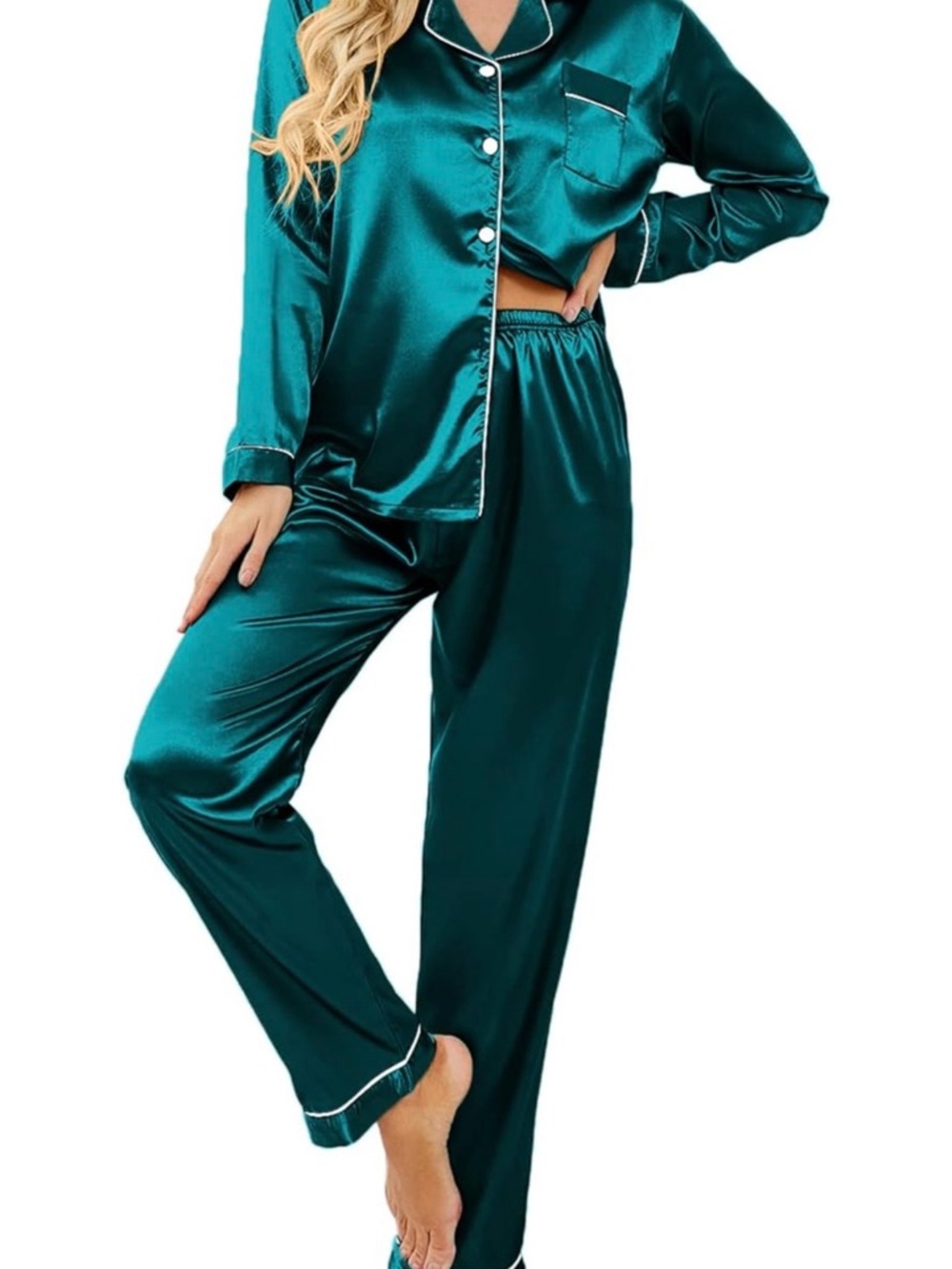Silky Teal Women's Satin Pajama Set - Classic Button-Up